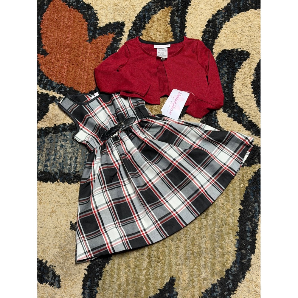 VTG Bonnie Jean Kids Red Plaid Dress and Cardigan Set 3T Holiday Outfit